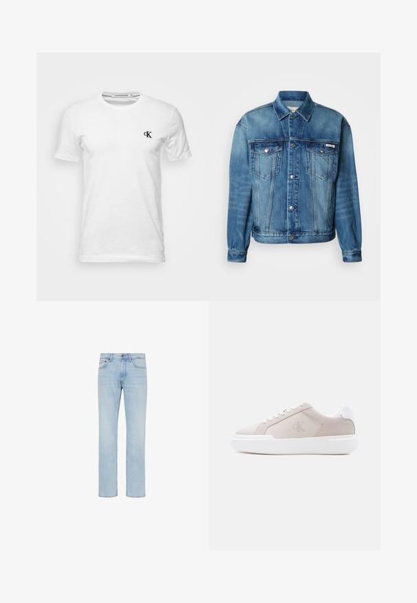 Svetlomodrá rifľová bunda s vrúbkovaným golierom, zapínaním na gombíky vpredu, dvoma náprsnými vreckami a dlhými rukávmi s gombíkovými manžetami.; Biele tričko s krátkym rukávom a okrúhlym výstrihom s malým čiernym logom "CK" na ľavej strane hrudníka, označené Calvin Klein Jeans, veľkosť medium.; Svetlomodré rifle s rovnými nohavicami, predným gombíkom, zipsom a dizajnom s piatimi vreckami zobrazené na bielom pozadí.; Béžová nízka teniska s hrubou bielou podrážkou, šnúrkami a pätovou slučkou, s jemným logom "cK" na bočnej strane.