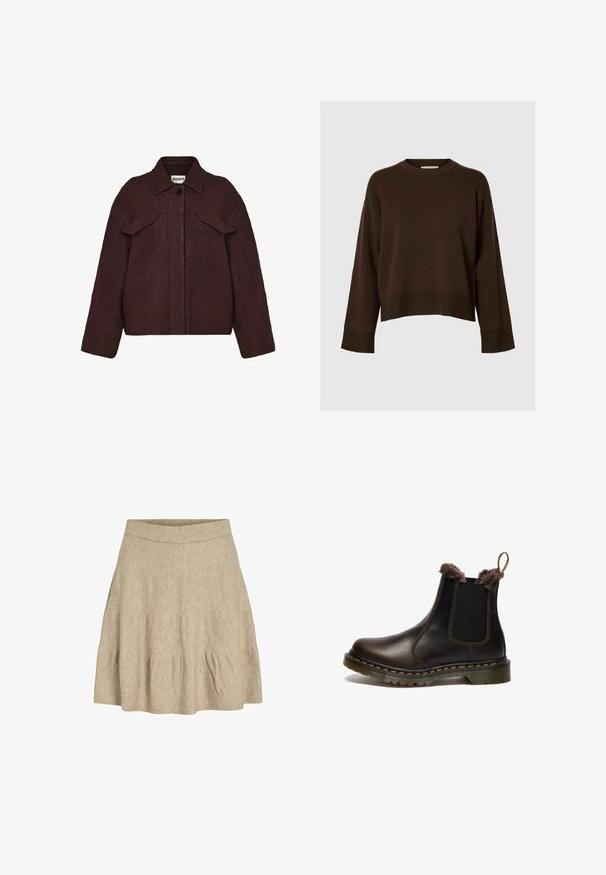 Minimum TYRA - Overgangsjakke - huckleberry; Brun cropped sweater med lange ærmer, ribbet kant, klassisk rund hals, blød tekstur og minimalistisk design.; En kort, beige nederdel lavet af et blødt, tekstureret stof med en ribbet talje og let plissering nær kanten.; Brune læder Chelsea støvle med elastiske sidepaneler, kunstigt pelskant, gul syning og en rillet gummisål.