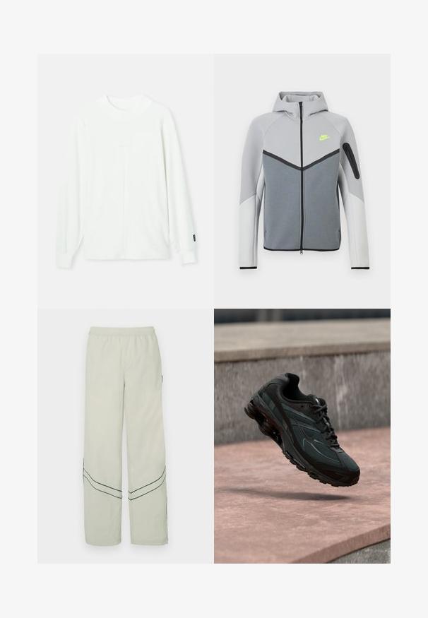 Lichtgrijze en witte Nike-jas met rits aan de voorkant, kap, neon geel logo op de borst, zwarte accenten en een met rits afgesloten zak op linkermouw.; Witte lange mouw pullover met een ronde halslijn, geribde manchetten en een centrale naad die verticaal langs de voorkant loopt. Zachte stof.; Lichtgroene, loszittende broek met een elastische tailleband, met donker groene diagonale lijnen en een eenvoudig ontwerp. Gladde, lichte stof.; Zwarte atletische sneaker met zichtbare luchtgeveerde tussenzool die boven een roze stenen oppervlak zweeft met een grijze stenen muur op de achtergrond.