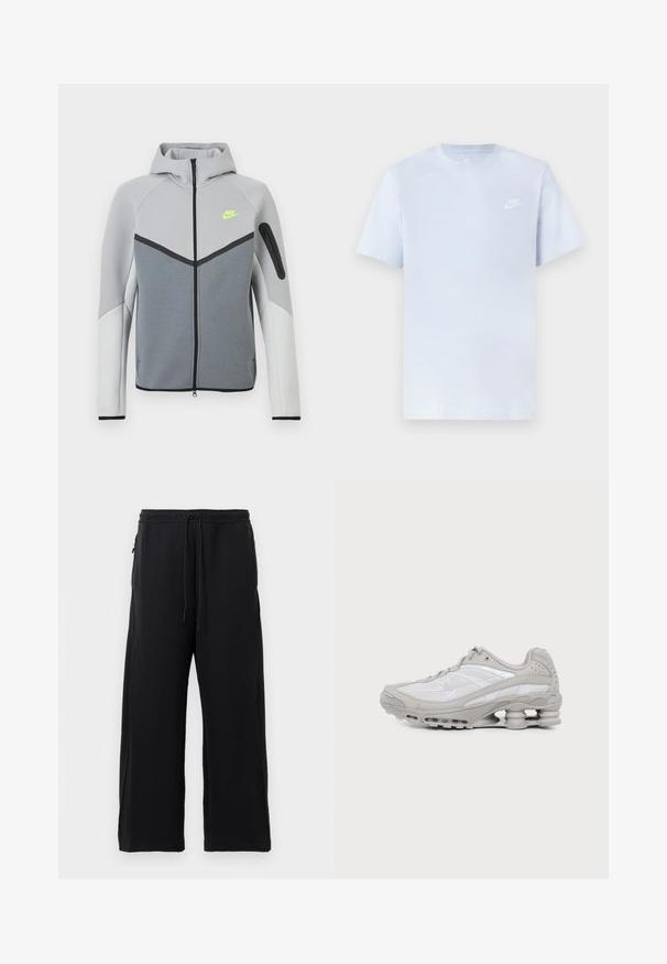 Chaqueta Nike en gris claro y blanco con cremallera frontal, capucha, logo en neón amarillo en el pecho, detalles en negro y bolsillo con cremallera en la manga izquierda.; Camiseta de algodón de color azul claro con mangas cortas, cuello redondo y un logo blanco de Nike impreso en el pecho izquierdo. Textura suave, diseño sencillo.; Pantalones de chándal negros hechos de una tela suave, con cintura elástica ajustable, diseño de pierna ancha y bolsillos laterales con una textura lisa.; Zapatilla deportiva gris y blanca con suela visible de amortiguación de aire y paneles de malla, mostrada de perfil sobre un fondo claro y sencillo.