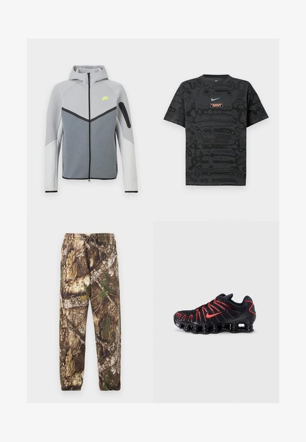 Chaqueta Nike en gris claro y blanco con cremallera frontal, capucha, logo en neón amarillo en el pecho, detalles en negro y bolsillo con cremallera en la manga izquierda.; Camiseta negra con un patrón texturizado, que presenta un pequeño logotipo de Nike en azul claro y un parche rectangular con el logotipo en colores contrastantes.; Pantalones de chándal de camuflaje con un patrón natural en tonos marrón y verde, que cuentan con una cintura elástica con cordón y puños elásticos en los tobillos.; Zapatos deportivos negros con detalles en rojo, que cuentan con una parte superior de malla texturizada, un diseño ondulado único y una suela moldeada y acolchada.
