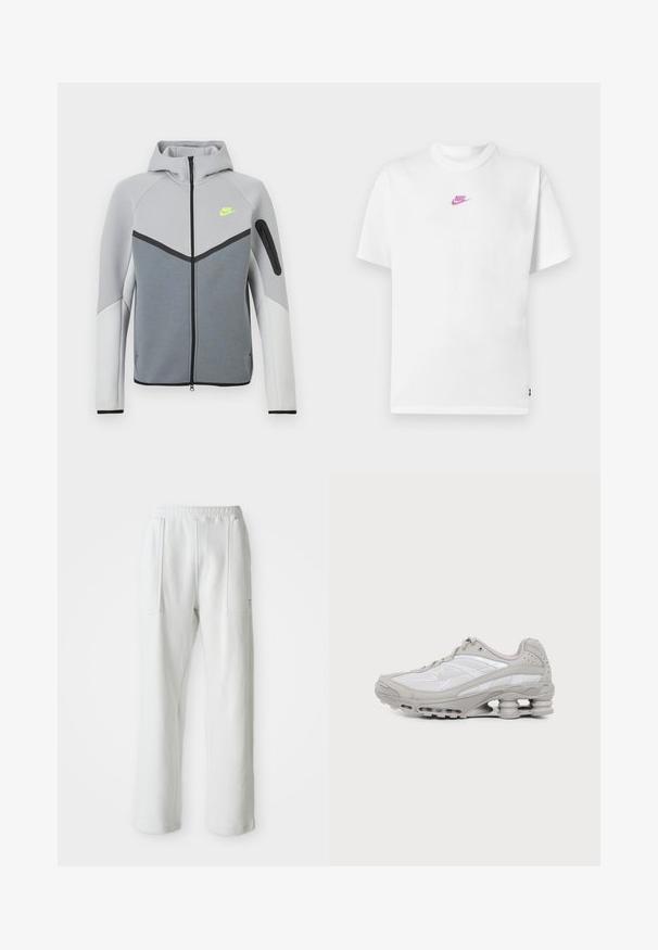 Lysegrå og hvid Nike-jakke med lynlås foran, hætte, neon-gult logo på brystet, sorte detaljer og lynlåslomme på venstre ærme.; Hvid Nike t-shirt med korte ærmer, lille pink logo centreret på brystet og rund hals.; Hvide afslappede bukser med en elastisk talje og store forreste lommer, vist på en ensfarvet lys baggrund.; Grå og hvid atletiksko med synlig luftpolstret sål og mesh-paneler, vist i profil på en ensartet lys baggrund.