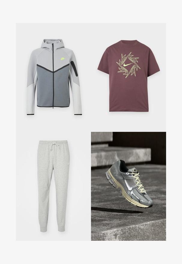 Ανοιχτό γκρι και λευκό μπουφάν Nike με φερμουάρ μπροστά, κουκούλα, νεον κιτρινό λογότυπο στο στήθος, μαύρες λεπτομέρειες και τσέπη με φερμουάρ στο αριστερό μανίκι.; Μπλούζα με κοντά μανίκια σε βυσσινί χρώμα, με αφηρημένο κυκλικό σχέδιο με αιχμές σε νέον κίτρινο και κεντρικό λογότυπο σφαιρικής γραμμής στο στήθος.; Γκρι φόρμες από μαλακό υλικό με ελαστική μέση, κλείσιμο με κορδόνι και ραμμένα μανίκια. Διαθέτουν έναν μικρό λογότυπο στο πλάι.; Γκρι και μπεζ αθλητικό παπούτσι Nike για τρέξιμο με λευκά κορδόνια και μεγάλο λευκό σήμα, τοποθετημένο σαν να αιωρείται πάνω από μια τσιμεντένια επιφάνεια.