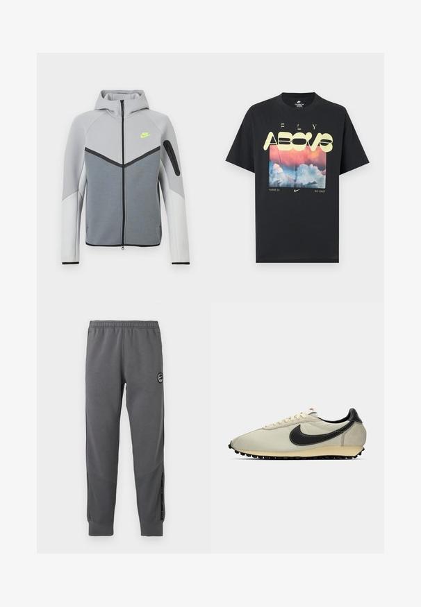 Helehall ja valge Nike jope esilukuga, kapuuts, rindkere neoonkollane logo, mustad aktsendid ning lukuga tasku vasakul varrukal.; Mustast puuvillast T-särk, millel on pilte pilvedest, roosast ja sinisest taevast ning laiade kollaste tähtedega tekst "LEND ÜLE" ja "PIIRANGUT EI OLE."; Hallid hallid dressipüksid, mis on valmistatud pehmest kangast, elastse vöökoha, kitsenevate jalgade, külgpaneelide ja ümmarguse logo plaastri abil.; Beežid kanvasist tekkised mustade nahast detailidega, ümar varvas, lame must välistald ja valged paelad. Omab silmapaistvat musta logo.