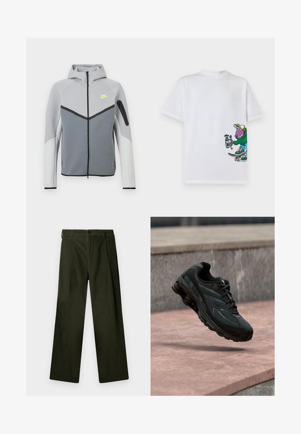 Ανοιχτό γκρι και λευκό μπουφάν Nike με φερμουάρ μπροστά, κουκούλα, νεον κιτρινό λογότυπο στο στήθος, μαύρες λεπτομέρειες και τσέπη με φερμουάρ στο αριστερό μανίκι.; Λευκό T-shirt με ένα πολύχρωμο κινούμενο χαρακτήρα σε skateboard που κρατά μια παλιά βιντεοκάμερα στην κάτω δεξιά πλευρά.; Σκούρο πράσινο κοτλέ παντελόνι με φαρδιά γραμμή, που διαθέτει πιέτες μπροστά, κλείσιμο με κουμπί και θηλιές ζώνης. Λείο υλικό.; Μαύρο αθλητικό παπούτσι με ορατή μεσαία σόλα αέρα που αιωρείται πάνω από μια ροζ πέτρινη επιφάνεια με φόντο ένα γκρι πέτρινο τοίχο.
