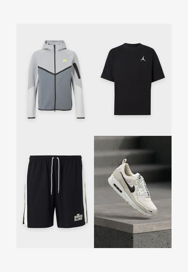 Ανοιχτό γκρι και λευκό μπουφάν Nike με φερμουάρ μπροστά, κουκούλα, νεον κιτρινό λογότυπο στο στήθος, μαύρες λεπτομέρειες και τσέπη με φερμουάρ στο αριστερό μανίκι.; Μαύρο βαμβακερό μπλουζάκι με κοντά μανίκια, με λευκό λογότυπο Jumpman στο αριστερό μέρος του στήθους. Στρογγυλή λαιμόκοψη, κανονική εφαρμογή και λεία υφή.; Μαύρο αθλητικό σορτς Nike με λευκές ρίγες στο πλάι και λευκή κορδόνι στη μέση, με γκρι λογότυπο Nike στο μπροστινό αριστερό πόδι.; Μπεζ και λευκό αθλητικό παπούτσι Nike Air Max με μαύρο λογότυπο Swoosh, λευκά κορδόνια και ορατή σόλα αερόσολας, τοποθετημένο πάνω σε ένα μπλοκ σκυροδέματος.