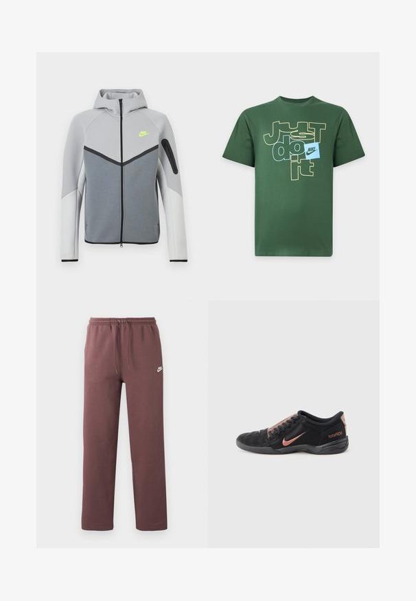 Ανοιχτό γκρι και λευκό μπουφάν Nike με φερμουάρ μπροστά, κουκούλα, νεον κιτρινό λογότυπο στο στήθος, μαύρες λεπτομέρειες και τσέπη με φερμουάρ στο αριστερό μανίκι.; Πράσινο κοντομάνικο μπλουζάκι με το κείμενο "Just do it" σε κίτρινο και μπλε και ένα μικρό μπλε τετράγωνο με το λογότυπο της Nike μπροστά.; Καφέ φόρμα Nike με ελαστική μέση και κορδόνι, με μικρό λευκό λογότυπο Nike στο αριστερό μηρό.; Μαύρο και χαλκόχρωμο παπούτσι ποδοσφαίρου Nike Total90 III με κορδόνια και υφασμένη σόλα, σε χαμηλό προφίλ, εμφανιζόμενο από την πλευρά σε λευκό φόντο.
