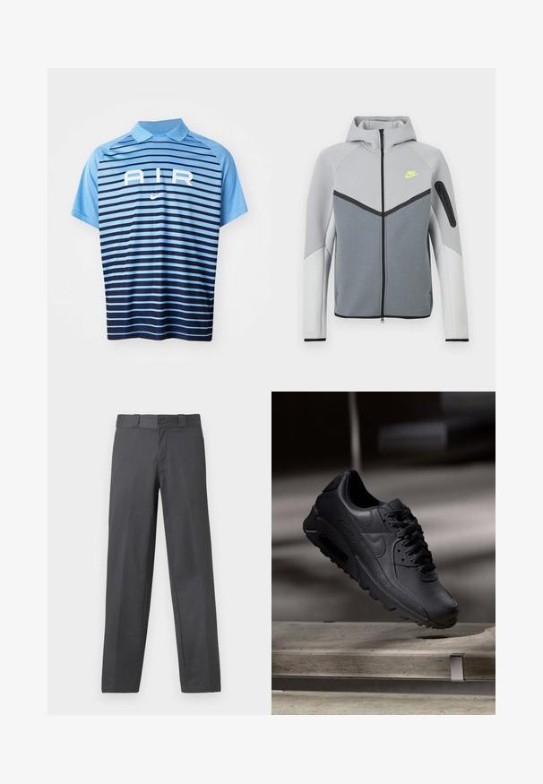Hellgraue und weiße Nike-Jacke mit Frontreißverschluss, Kapuze, neon gelbem Logo auf der Brust, schwarzen Akzenten und einer Reißverschlusstasche am linken Ärmel.; Nike Poloshirt in Hellblau mit horizontalen Streifen, die von Dunkelblau zu Hellblau übergehen. Verfügt über einen Kragen und ein weißes "AIR"-Logo.; Grau farbene Hosen aus glattem Stoff, mit geradem Bein, Knopfverschluss und Gürtelschlaufen; minimale Nähte und ohne Muster.; Schwarze Nike Air Max Sneaker mit einem strukturierten Leder-Obermaterial, Gummisohle und auffälligem Schnürsystem, das ein schlankes, modernes Design präsentiert.