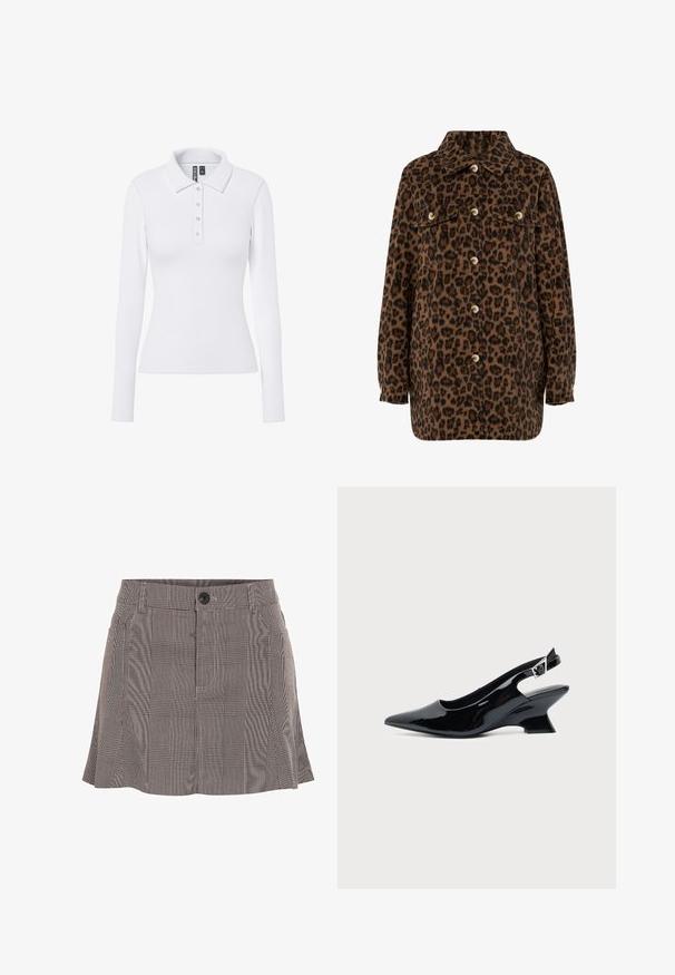 Leopardprint shirtjack in bruin en zwart, met een kraag, knoopsluiting, twee borstzakken en lange mouwen. Zachte textuur.; Witte poloshirt met lange mouwen, geribbelde textuur, een puntige kraag en drie zilverkleurige knopen op de sluiting.; Geruite rok in zwart en wit, gemaakt van lichte stof, met een tailleband met een knoop en een geplooid ontwerp voor extra detail.; Zwarte lakleren slingback schoen met spitse neus en lage schuine blokhak op een effen lichte achtergrond.
