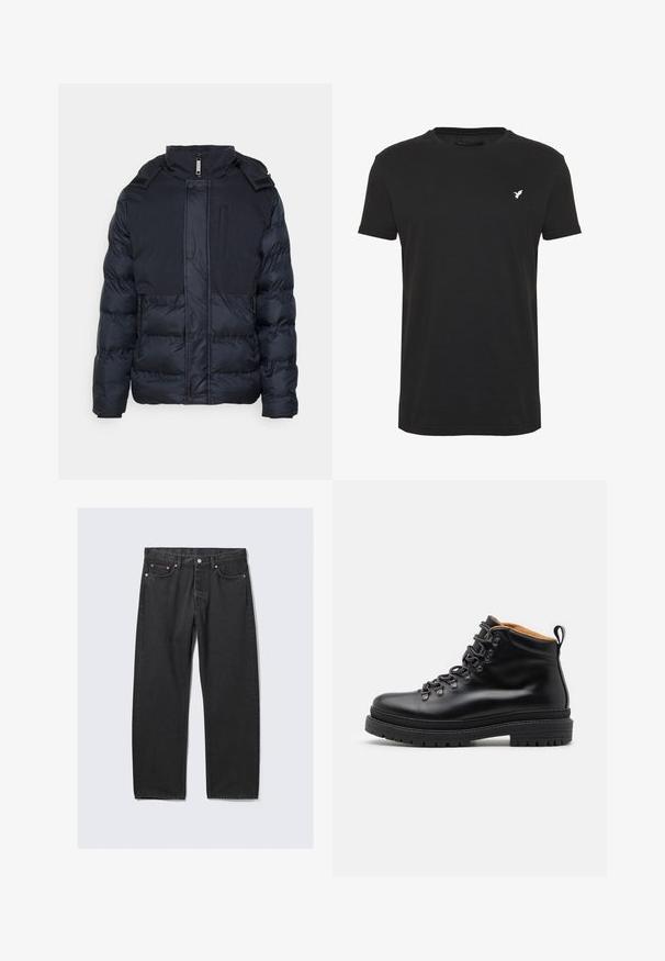 Marineblå puffjakke med lynlås foran og trykknapper, der har en høj krave, sidelommer og et kontrasterende design på den øverste sektion.; Sort kortærmet t-shirt lavet af bomuld, med rund hals og et lille hvidt fuglelogo på venstre brystområde.; Sorte jeans med lige ben, fem lommer og knaplukning i taljen, lagt fladt på en lys baggrund.; Zign by Zalando LEATHER - Snørestøvletter - black
