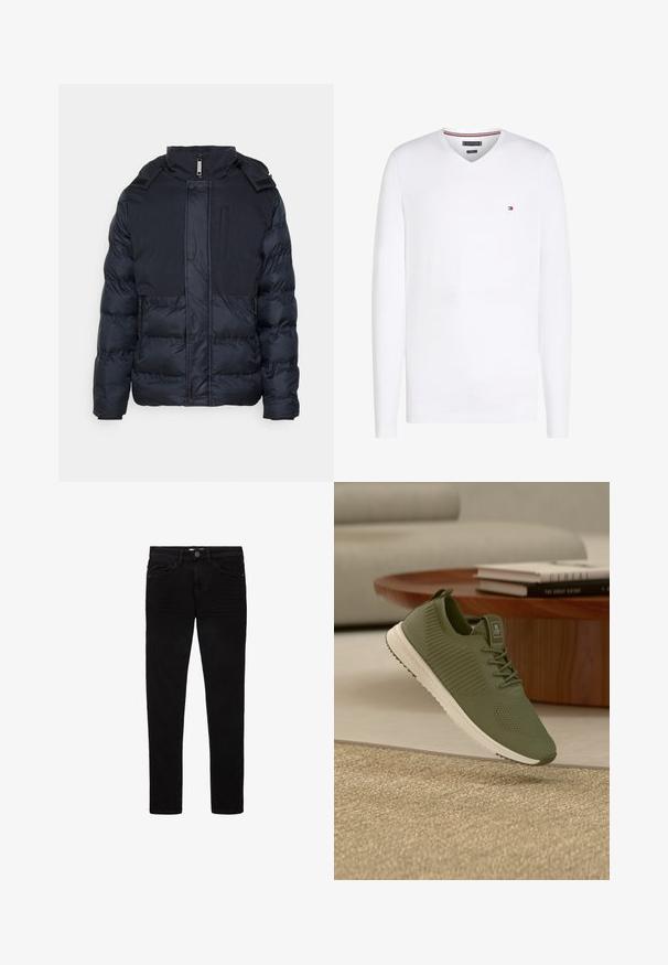 Marineblaue Steppjacke mit Reißverschluss vorne und Druckknöpfen, ausgestattet mit hohem Kragen, Seitentaschen und einem kontrastierenden Design im oberen Bereich.; Weißes Langarm-V-Shirt mit kleinem rot-weiß-schwarzem Logo auf der linken Brustseite und gestreiftem Besatz im Krageninneren.; Schwarze Jeans aus Denim mit schlanker Passform, fünf Taschen und Knopfverschluss. Glatte Textur und minimale Nähte.; Grüner gestrickter Sneaker mit weißer Sohle schwebt über beigem Teppich, rundem Holztisch und gestapelten Büchern in einem neutral eingerichteten Wohnzimmer.
