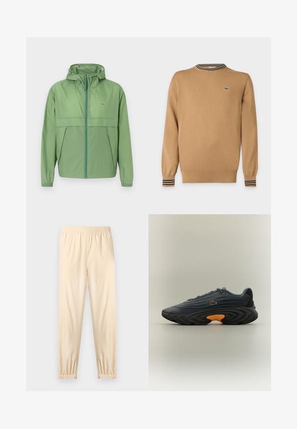 Hellgrüne Kapuzenjacke mit Reißverschluss vorne, ausgestattet mit einer Brusttasche und elastischen Bündchen. Lacoste-Logo auf der linken Brust. Glatte Textur.; Beiger Pullover mit langen Ärmeln, gerippten Bündchen und Saum, gestreiftem Kragen-Detail und kleinem grünem Krokodil-Logo auf der Brust.; Hellbeige elastische Bundhose mit gesammelten Bündchen, geradem Schnitt und glattem Stoff, präsentiert auf einem schlichten hellen Hintergrund.; Lacoste Sneakers in Dunkelgrau mit strukturiertem Obermaterial, hervorgehobener gebogener schwarzer Sohle und leuchtend orangefarbenem Akzent an der Ferse. Schnürdesign mit Logo.