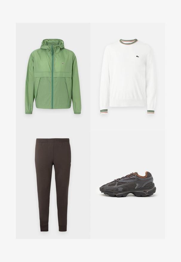 Hellgrüne Kapuzenjacke mit Reißverschluss vorne, ausgestattet mit einer Brusttasche und elastischen Bündchen. Lacoste-Logo auf der linken Brust. Glatte Textur.; Weißer Pullover mit Rundhalsausschnitt, versehen mit grünen, roten und orangefarbenen gestreiften Akzenten am Kragen und den Ärmeln. Lacoste-Logo auf der Brust.; Dunkelbraune Jogginghosen aus weichem Stoff. Mit einem elastischen Taillenbund und schmal zulaufenden Bündchen. Minimalistisches Design ohne Muster.; Lacoste Sneaker in Dunkelgrau aus Mesh und Synthetikmaterial, mit einer strukturierten Sohle und braunen Akzenten am Kragen und Logo.