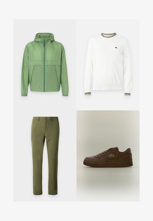 Veste à capuche vert clair avec fermeture éclair à l'avant, présentant un panneau sur la poitrine et des poignets élastiques. Logo Lacoste affiché sur la poitrine gauche. Texture lisse.; Pull blanc à col rond, avec des accents rayés verts, rouges et oranges sur le col et les manches. Logo Lacoste sur la poitrine.; Pantalons verts olive en tissu lisse avec une coupe droite, dotés d'une fermeture à bouton et de passants de ceinture. Pas de motifs ni d'accents visibles.; Baskets basses en cuir marron avec un design à lacets et un logo crocodile vert sur le côté, présentées sur un fond neutre uni.