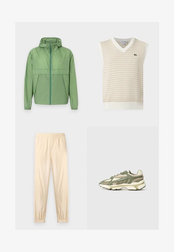 Veste à capuche vert clair avec fermeture éclair à l'avant, présentant un panneau sur la poitrine et des poignets élastiques. Logo Lacoste affiché sur la poitrine gauche. Texture lisse.; Gilet sans manches en maille beige et blanche avec col en V et petit logo crocodile vert sur la poitrine.; Pantalon beige clair à taille élastique avec poignets froncés, coupe droite et tissu lisse, présenté sur un fond clair uni.; Baskets athlétiques vertes et beige avec empeigne en mesh et suède, semelle intermédiaire texturée, système de laçage visible et détail de logo en relief.