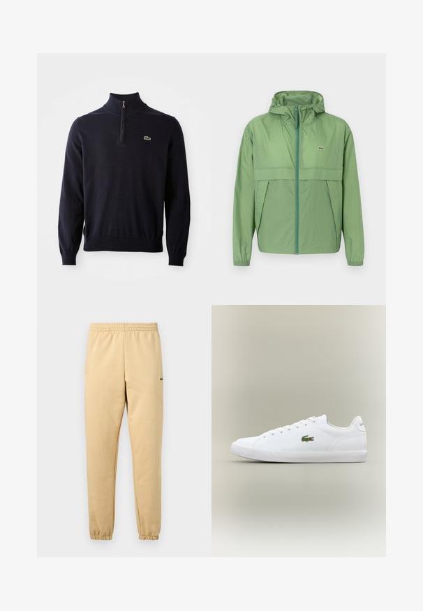 Lys grøn hættejakke med lynlås foran, featuring et brystpanel og elastiske manchetter. Lacoste-logoet er vist på venstre bryst. Glat tekstur.; Marineblå pullover med kvart-zip hals, ribbede manchetter og kant, lavet af blødt stof, med et lille grønt krokodillelogo på brystet.; Beige joggebukser med elastisk talje og manchetter, der har en lille grøn krokodillebroderet logo på højre lår.; Hvide lædersneakers med en tekstureret gummisål, der har et grønt broderet krokodillelogo på siden og minimal branding.