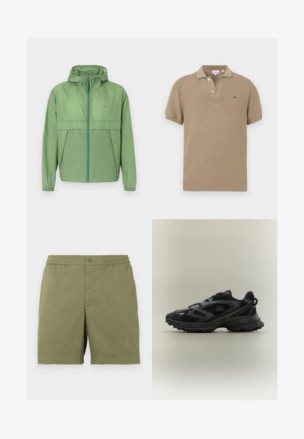 Svetlozelená bunda s kapucňou a zipsom na prednej strane, s panelom na hrudi a elastickými manžetami. Logo Lacoste je zobrazené na ľavej strane hrude. Hladká textúra.; Beige polo tričko s krátkym rukávom, textúrovaným úpletom, so zapínaním na tri gombíky a zeleným vyšitým logom na ľavej hrudi.; Olivové zelené šortky vyrobené z ľahkej tkaniny, s elastickým pásom a s uzáverom na gombík, s jednoduchou a hladkou textúrou.; Čierna športová topánka s priehľadnými panelmi, textúrovanou podrážkou, šnúrkami a zakriveným siluetom so striebornými akcentmi po stranách.
