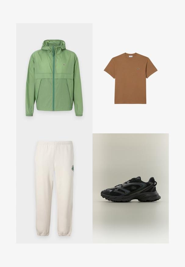 Lichtgroene hooded jack met een ritssluiting aan de voorkant, voorzien van een borstpaneel en elastische manchetten. Lacoste-logo op de linkerkant van de borst. Soepele textuur.; Bruine katoenen t-shirt met een ronde hals en korte mouwen. Bevat een klein groen krokodillenlogo op de linkerborst. Soepele textuur.; Lichtbeige sweatpants van katoen, met een elastische tailleband, geribde boorden en een groen logo met een bladerenontwerp op het linkerpand.; Zwarte sportieve schoen met meshpanelen, een gestructureerde zool, veters en een gebogen silhouet met zilveren accenten aan de zijkanten.