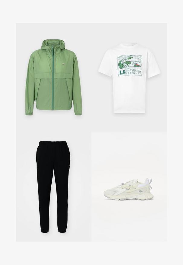 Hellgrüne Kapuzenjacke mit Reißverschluss vorne, ausgestattet mit einer Brusttasche und elastischen Bündchen. Lacoste-Logo auf der linken Brust. Glatte Textur.; Weißes T-Shirt mit kurzen Ärmeln, grünem und pinkem gesticktem Krokodil-Design und dem Schriftzug „LACOSTE“ auf einem Gittermuster auf der Vorderseite.; Schwarze Jogginghose mit elastischem Bund und Bündchen. Aus weichem Stoff gefertigt, mit einem kleinen Logo auf der oberen linken Seite.; Weißer Sneaker mit strukturiertem Obermaterial, reflektierenden Akzenten und einer klobigen Sohle. Verfügt über eine Schlaufe hinten und ein gedrucktes Logo-Detail an der Seite.
