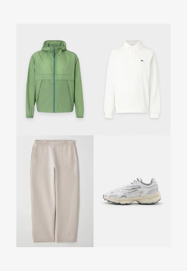 Veste à capuche vert clair avec fermeture éclair à l'avant, présentant un panneau sur la poitrine et des poignets élastiques. Logo Lacoste affiché sur la poitrine gauche. Texture lisse.; Polo blanc à manches longues avec trois boutons et un petit logo crocodile vert sur la poitrine gauche.; Pantalons de jogging beiges en tissu doux, avec une large taille élastique, des poches latérales et des jambes fuselées pour un ajustement décontracté.; Baskets de sport blanches avec des accents gris, tige en maille et synthétique, design à lacets et semelle en caoutchouc texturée avec motifs de traction.