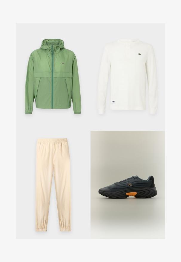 Lys grøn hættejakke med lynlås foran, featuring et brystpanel og elastiske manchetter. Lacoste-logoet er vist på venstre bryst. Glat tekstur.; Hvid langærmet henley-skjorte med struktureret ribbet stof, tre-knaps placket og grønt broderet krokodillelogo på brystet.; Lyse beige bukser med elastisk talje og elastiske manchetter, lige pasform og glat stof, vist på en ensfarvet lys baggrund.; Lacoste sneakers i mørkegrå med tekstureret overdel, fremtrædende buet sort sål og lys orange accent ved hælen. Snørebåndsdesign med logo.