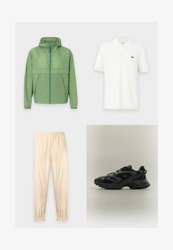 Svetlozelená bunda s kapucňou a zipsom na prednej strane, s panelom na hrudi a elastickými manžetami. Logo Lacoste je zobrazené na ľavej strane hrude. Hladká textúra.; Biela polo košeľa vyrobená z hladkej bavlnenej tkaniny s klasickým golierom, trojbuttonovou légiou a malým zeleným logo krokodíla na hrudi.; Svetlobéžové elastické nohavice s elastickým pásom a nariasenými manžetami, rovného strihu a hladkej látky, zobrazené na jednoduchom svetlom pozadí.; Čierna športová topánka s priehľadnými panelmi, textúrovanou podrážkou, šnúrkami a zakriveným siluetom so striebornými akcentmi po stranách.