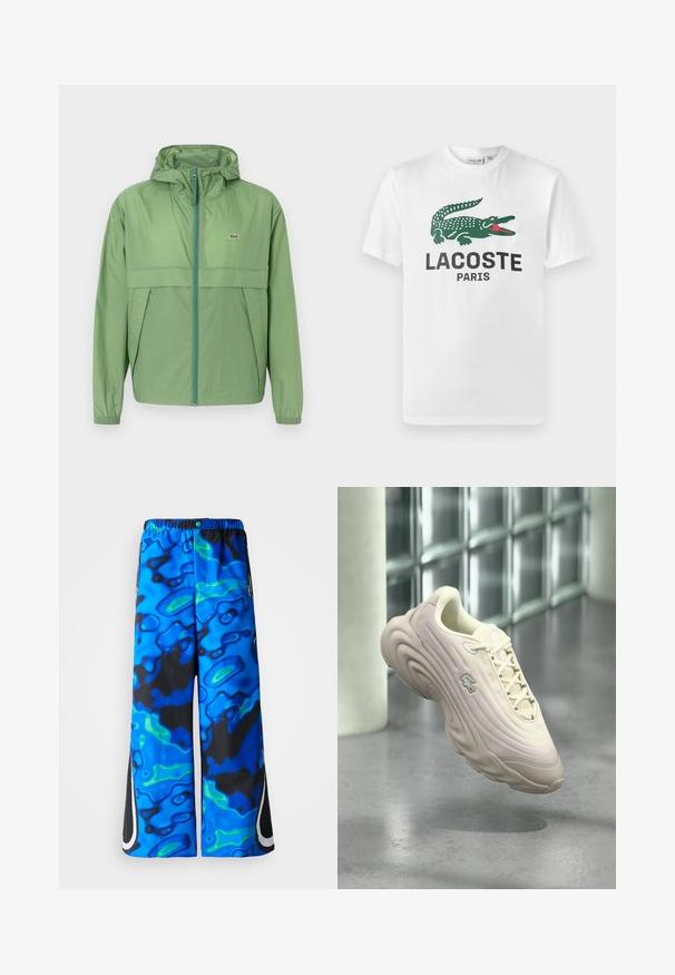 Lys grøn hættejakke med lynlås foran, featuring et brystpanel og elastiske manchetter. Lacoste-logoet er vist på venstre bryst. Glat tekstur.; Lacoste T-shirts print - white; Blå og sorte bukser med abstrakt mønster og bred benvidde, elaskisk talje samt lynlåslommer i siden på en ensfarvet baggrund.; Beige Lacoste-sneaker med tekstureret sål og logo, svævende over en glat betonoverflade foran en moderne væg af glasblokke.