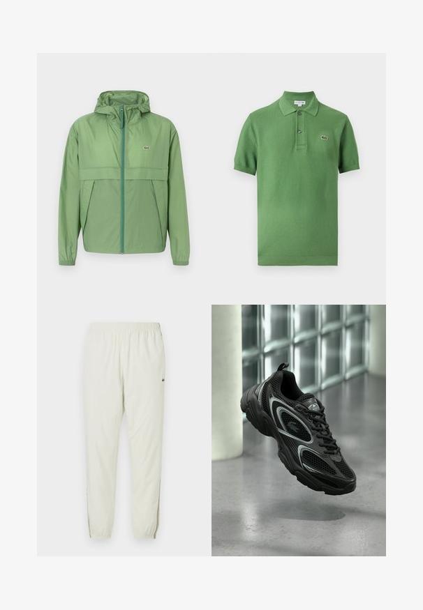 Veste à capuche vert clair avec fermeture éclair à l'avant, présentant un panneau sur la poitrine et des poignets élastiques. Logo Lacoste affiché sur la poitrine gauche. Texture lisse.; Polo vert à manches courtes avec col, deux boutons et un petit logo crocodile brodé sur la poitrine.; Jogging léger crème avec une taille élastique, des chevilles resserrées, des fentes latérales et un petit logo vert sur la cuisse supérieure.; Chaussure de sport noire en mesh et matériau synthétique, avec une semelle texturée, un design élégant, des accents argentés et un laçage à l'avant.