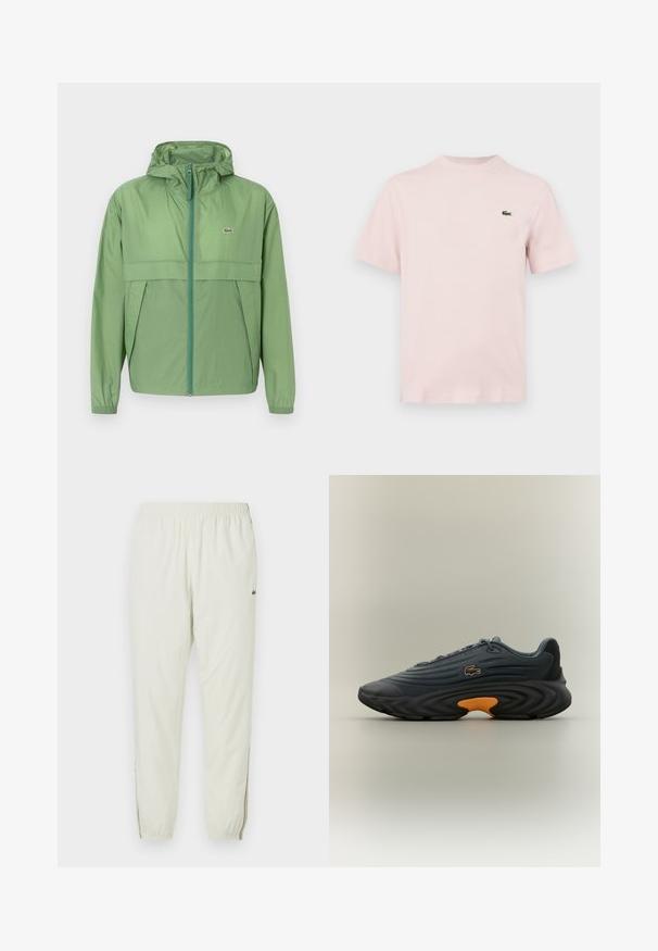 Chaqueta con capucha de color verde claro, con cremallera en la parte frontal, que presenta un panel en el pecho y puños elásticos. Logo de Lacoste mostrado en el lado izquierdo del pecho. Textura suave.; Camiseta sencilla de manga corta en color rosa claro con un pequeño logo verde de cocodrilo en el pecho izquierdo, mostrada sobre un fondo blanco.; Joggers ligeros en crema con una cintura elástica, tobillos ajustados, aberturas laterales y un pequeño logo verde en la parte superior del muslo.; Zapatillas Lacoste en gris oscuro con parte superior texturizada, suela curva negra prominente y acento naranja brillante en el talón. Diseño con cordones y logo.