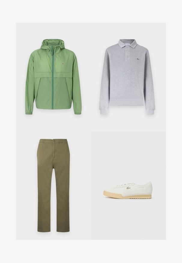 Lys grøn hættejakke med lynlås foran, featuring et brystpanel og elastiske manchetter. Lacoste-logoet er vist på venstre bryst. Glat tekstur.; Lysegrå langærmet poloshirt med ribstrikkede manchetter, tre knapper ved kraven og en lille grøn krokodillelogo på venstre bryst.; Olivengrønne, lette bomuldsbukser med elastik i taljen, lukning med knap og lige ben. Ingen synlige mønstre eller detaljer.; Hvide lædersneakers med en struktureret overflade, beige gummisål, snørebåndsdesign og subtil logodetalje på siden.