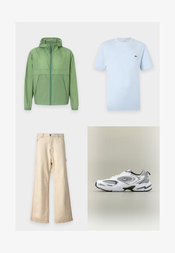 Heledad helesinine jope, millel on eeslukuga sulgemine, rindpaneel ja elastsed mansetid. Lacoste'i logo on vasakul rinnal. Sile struktuur.; Hele sinise lühikeste varrukatega T-särk on valmistatud pehmest puuvillast. Ees on väike roheline tikandiga krokodilli logo.; Beige laiad jalgadega püksid, mis on valmistatud puuvillast ja millel on lukk ja nööp, kontrastsete õmbluste ja küljetaskutega.; Valge ja hall sportlik jooksujalats, millel on võrgupaneelid, rohelised aktsendid, mustad detailid ja küljes logo, nähtuna välisküljelt.
