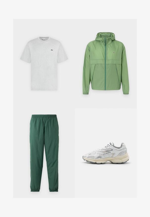 Svetlozelená bunda s kapucňou a zipsom na prednej strane, s panelom na hrudi a elastickými manžetami. Logo Lacoste je zobrazené na ľavej strane hrude. Hladká textúra.; Svetlošedé tričko s krátkym rukávom a okrúhlym výstrihom s malým zeleným logom krokodíla Lacoste na ľavej strane hrudníka.; Zelené, ľahké, elastické nohavice so sťahovacím pásom a manžetami, vyrobené z hladkého, vodoodpudivého materiálu.; Biele športové topánky s šedými akcentmi, sieťovinovou a syntetickou vrchnou časťou, viazanie na šnúrky a texturovanou gumovou podrážkou s protišmykovými vzormi.