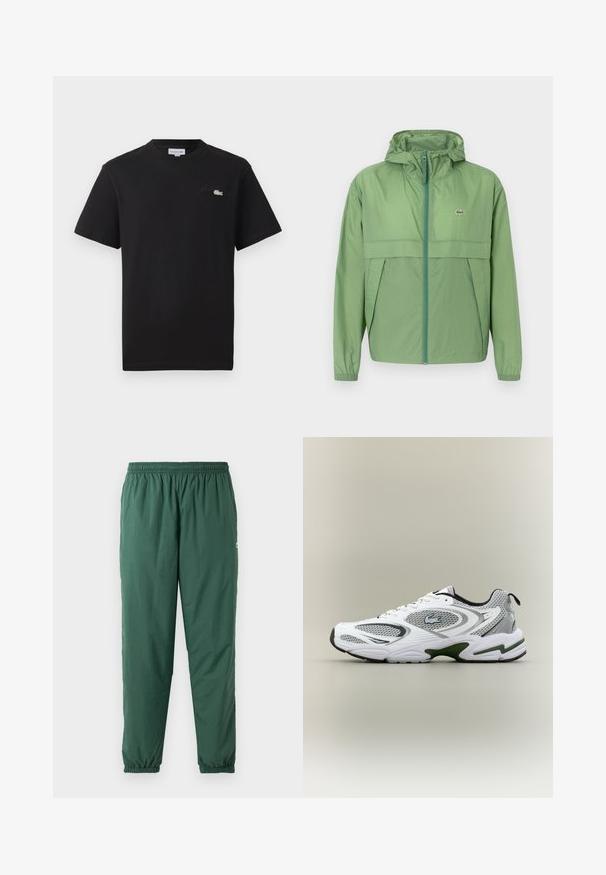 Heledad helesinine jope, millel on eeslukuga sulgemine, rindpaneel ja elastsed mansetid. Lacoste'i logo on vasakul rinnal. Sile struktuur.; Must have mustriba T-särk, millel on ümmargune kaelus. Rinnal on väike rohelise ja valge värvi tikitud Lacoste logo. Lühikesed varrukad, tavaline istuvus.; Roheline, kerge, elastne pükste komplekt kogutud talje ja varrukatega, valmistatud siledast veekindlast materjalist.; Valge ja hall sportlik jooksujalats, millel on võrgupaneelid, rohelised aktsendid, mustad detailid ja küljes logo, nähtuna välisküljelt.