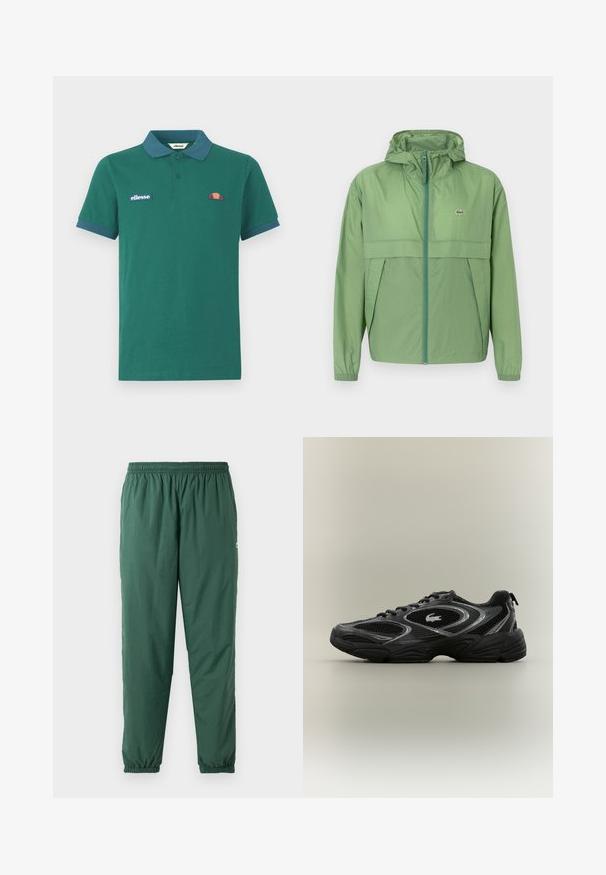 Lys grøn hættejakke med lynlås foran, featuring et brystpanel og elastiske manchetter. Lacoste-logoet er vist på venstre bryst. Glat tekstur.; Grøn polo shirt lavet af bomuld med en kontrasterende blå krave og manchetter. Har et broderet logo og et lille farverigt design på brystet.; Grønne, lette, elastiske bukser med en rynket talje og manchetter, lavet af et glat, vandafvisende materiale.; Sort og grå atletisk sneaker med mesh-paneler, snørebåndsdesign, tyk sål og et lille krokodillelogo på siden.
