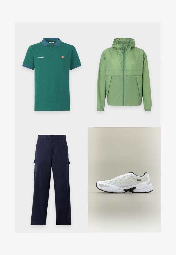 Lys grøn hættejakke med lynlås foran, featuring et brystpanel og elastiske manchetter. Lacoste-logoet er vist på venstre bryst. Glat tekstur.; Grøn polo shirt lavet af bomuld med en kontrasterende blå krave og manchetter. Har et broderet logo og et lille farverigt design på brystet.; Mørkeblå straight-leg bukser med bæltestropper, front knappetryk og sidelommer til redskaber, præsenteret mod en hvid baggrund.; Hvide atletiske sko med tekstureret mesh-overdel, buet design og kontrasterende sort ydersål. Har en grøn broderet logo på siden.