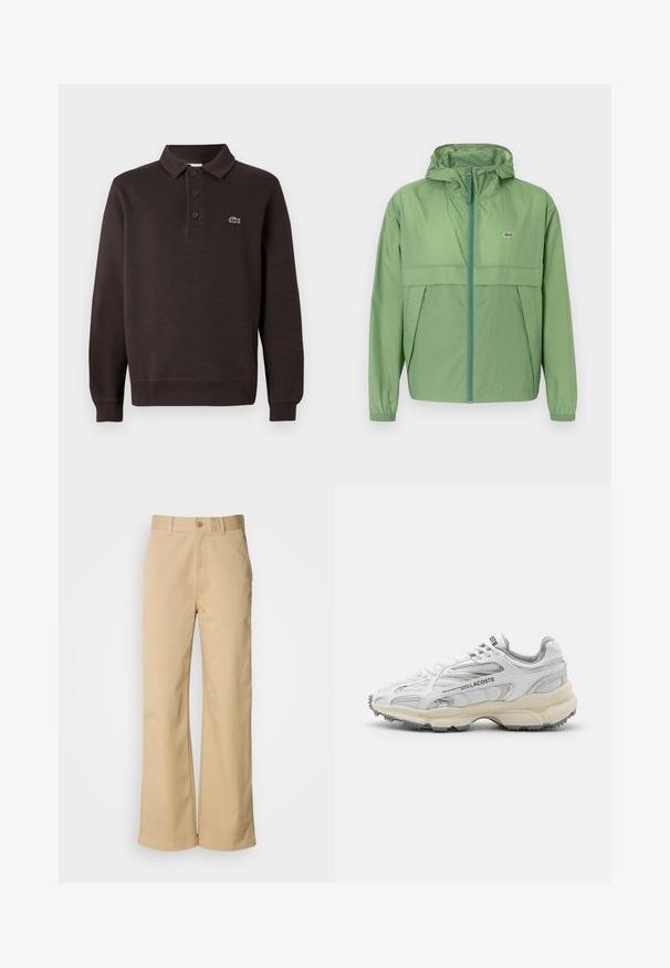 Lichtgroene hooded jack met een ritssluiting aan de voorkant, voorzien van een borstpaneel en elastische manchetten. Lacoste-logo op de linkerkant van de borst. Soepele textuur.; Bruine lange mouwen polo shirt gemaakt van textuurstof, met een drieknoopsluiting en een klein Lacoste-logo op de borst.; Beige, wijde broek gemaakt van een katoenmix. Voorzien van een knoopsluiting en riemlussen. Soepele textuur, met minimale stikseldetails.; Witte sportieve schoenen met grijze accenten, bovenwerk van mesh en synthetisch materiaal, vetersluiting en een geprofileerde rubberen zool met looppatronen.