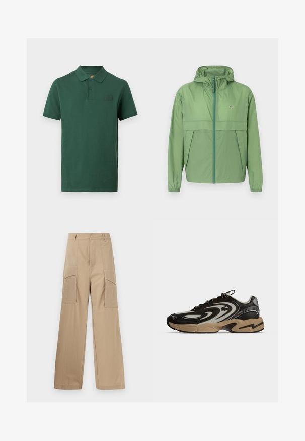 Veste à capuche vert clair avec fermeture éclair à l'avant, présentant un panneau sur la poitrine et des poignets élastiques. Logo Lacoste affiché sur la poitrine gauche. Texture lisse.; Polo à manches courtes vert foncé avec deux boutons et un petit patch logo Timberland sur la poitrine gauche.; Pantalon cargo beige à jambes larges avec grandes poches à rabat devant, passants pour ceinture et fermeture à boutons sur le devant.; Baskets noires et beiges avec motifs ondulés, design à lacets et semelle épaisse sur fond clair uni.