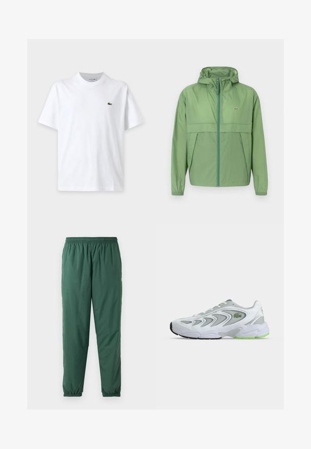 Veste à capuche vert clair avec fermeture éclair à l'avant, présentant un panneau sur la poitrine et des poignets élastiques. Logo Lacoste affiché sur la poitrine gauche. Texture lisse.; T-shirt blanc uni à manches courtes avec col rond et petit logo crocodile vert sur la poitrine gauche.; Pantalons verts, légers et élastiques avec une taille et des poignets froncés, fabriqués dans un matériau lisse et résistant à l'eau.; Baskets de sport blanches et grises avec des touches vertes et un logo, panneaux en mesh et une semelle épaisse et rembourrée, vues de côté sur un fond uni.
