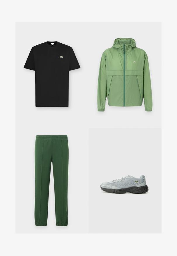Hellgrüne Kapuzenjacke mit Reißverschluss vorne, ausgestattet mit einer Brusttasche und elastischen Bündchen. Lacoste-Logo auf der linken Brust. Glatte Textur.; Schwarzes kurzärmliges T-Shirt mit Rundhalsausschnitt und kleinem grünem Krokodil-Logo auf der linken Brust auf hellgrauem Hintergrund.; Grüne Jogginghose aus weichem Material; mit Gummizugbund, schmal zulaufenden Beinen und einem kleinen Logo an der Seite.; Grauer Sportschuh mit strukturiertem Obermaterial, schwarzer Gummisohle und Schnürdesign. Auf der Seite befindet sich ein kleines grünes Logo.