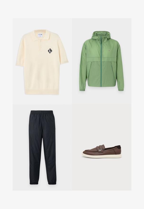 Veste à capuche vert clair avec fermeture éclair à l'avant, présentant un panneau sur la poitrine et des poignets élastiques. Logo Lacoste affiché sur la poitrine gauche. Texture lisse.; Polo crème à manches courtes avec deux boutons et un écusson logo noir en forme de losange avec un "L" blanc sur la poitrine gauche.; Pantalon noir, léger et résistant à l'eau, avec une taille élastique et des poignets froncés aux chevilles. Texture lisse, sans motifs ni accents visibles.; Mocassin en cuir marron avec semelle en caoutchouc blanche, design slip-on et petit logo crocodile métallique sur la lanière latérale.