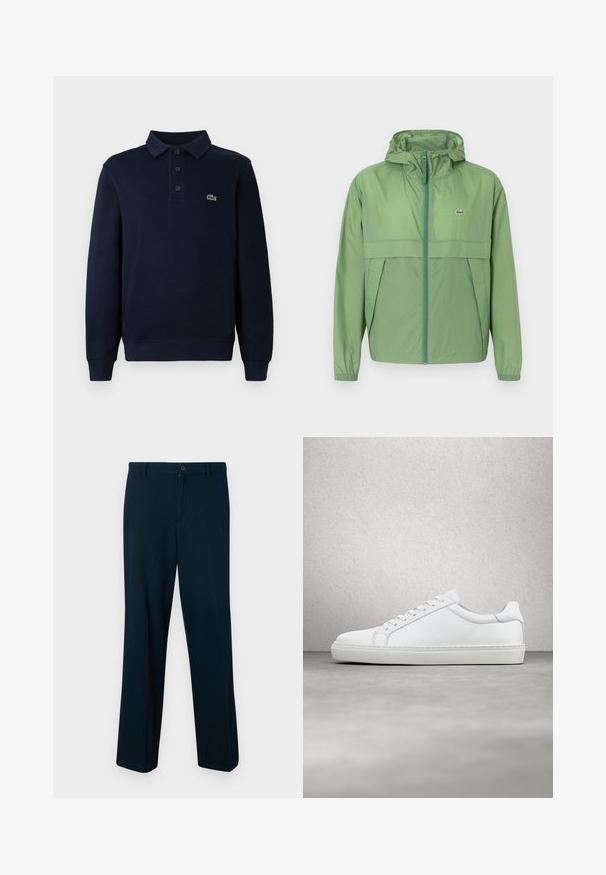 Svetlozelená bunda s kapucňou a zipsom na prednej strane, s panelom na hrudi a elastickými manžetami. Logo Lacoste je zobrazené na ľavej strane hrude. Hladká textúra.; Námornícky modrá polokošela s dlhým rukávom a gombíkovou légou, s malým zeleným logom krokodíla na hrudi.; Námornícky modré nohavice vyrobené z hladkej tkaniny, s uzáverom na gombík, rovno strihaným dizajnom a minimálnym detailovaním.; Biele tenisky s hladkým koženým zvrškom a nízkym profilom. Majú zaoblenú špičku, šesť očiek a štruktúrovanú gumovú podrážku.