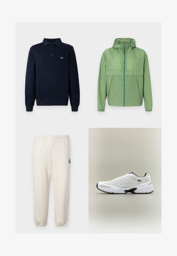 Svetlozelená bunda s kapucňou a zipsom na prednej strane, s panelom na hrudi a elastickými manžetami. Logo Lacoste je zobrazené na ľavej strane hrude. Hladká textúra.; Námornícky modrá polokošela s dlhým rukávom a gombíkovou légou, s malým zeleným logom krokodíla na hrudi.; Svetlo béžové tepláky z bavlny s elastickým pásom, rebrovanými manžetami a zeleným logom s dizajnom listu na ľavej nohe.; Biele atletické tenisky s textúrovaným sieťovinovým zvrškom, zakriveným dizajnom a kontrastnou čiernou podrážkou. S greennou vyšívanou nášivkou na boku.