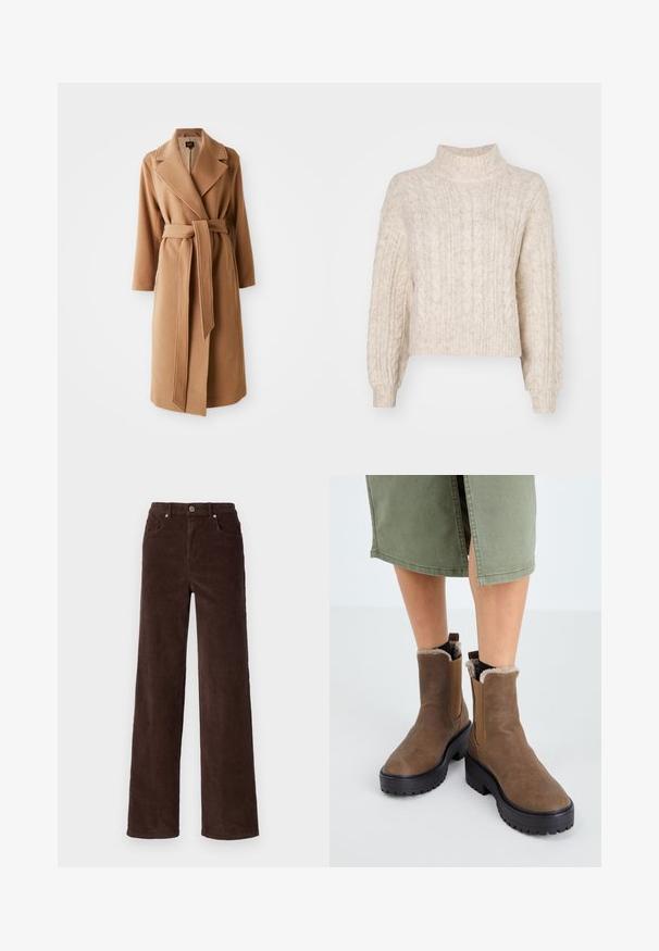 Lang kamelbrun uldfrakke med brede revers og bælte i matchende stof, der er bundet om taljen, sidelommer og langærmede.; Cremefarvet cropped sweater med høj hals, der har et tekstureret kabelstrikket mønster og lange, let puffede ærmer.; Vero Moda VMTESSA WIDE PANTS - Bukser - chocolate torte; Brune læder ankelstøvler med gummisål, blød foring og elastiske sideindsatser. Har en lav blokhæl og en glat overflade.