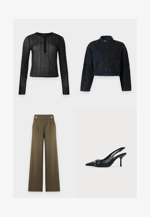 Veste en denim foncé raccourcie avec un col haut, fermeture éclair à l'avant et manches longues. Présente des détails de couture et une surface légèrement texturée.; Haut noir à manches longues en matériau semi-transparent avec une texture côtelée, présentant un col rond et une patte de boutonnage à six boutons.; Pantalon taille haute, jambes larges, couleur vert olive, avec deux plis à l'avant et détails de boutons sur la ceinture.; Escarpin slingback à talon haut en cuir noir avec bout pointu, boucle et détail de bride œillet à l'avant.