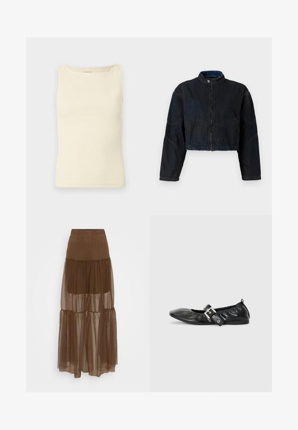 Veste en denim foncé raccourcie avec un col haut, fermeture éclair à l'avant et manches longues. Présente des détails de couture et une surface légèrement texturée.; Débardeur crème clair en tissu côtelé, avec un décolleté carré et un design sans manches. Aucun logo ou motif visible.; Jupe brune à couches avec une superposition en maille texturée et une taille élastique. Elle présente trois niveaux de tissu transparent, offrant une silhouette fluide.; Chaussure plate en cuir noir avec un nez pointu, des détails froncés autour de l'ouverture et un accent en boucle argentée sur la bride ajustable.