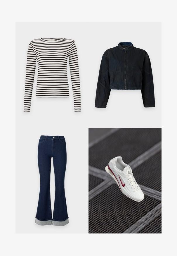 Veste en denim foncé raccourcie avec un col haut, fermeture éclair à l'avant et manches longues. Présente des détails de couture et une surface légèrement texturée.; Chemise à rayures noires et blanches à manches longues avec un col rond et une texture côtelée ajustée. Largeur des rayures équilibrée sur l'ensemble.; Jean évasé bleu foncé à taille haute, avec un revers bleu clair plié et quatre poches. Confectionné en denim à la texture lisse.; Bottine de sport blanche avec une surface texturée, présentant un swoosh rouge, un design à lacets et une semelle rembourrée, suspendue au-dessus d'un fond en grille.