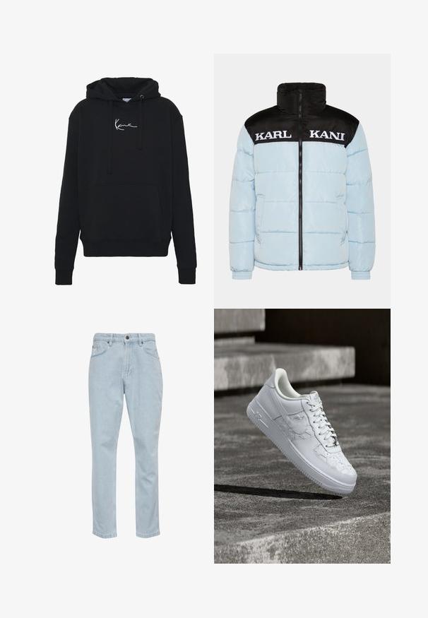 Lichtblauwe pufferjas met een zwarte ritskraag en mouwen. Bevat grote witte "KARL KANI" tekst over de borst. Gestructureerd ontwerp.; Zwarte hoodie van zachte stof, met een voorzak, koorden en witte logo borduring op de borst. Klassieke pasvorm en geribde manchetten.; Lichtblauwe denim jeans met een rechte pijpdesign, vijf zakken en metalen knoopsluiting. Glad textuur en lichte vervaging details.; Witte Nike Air Force 1 sneaker met gegraveerde sterrenpatronen en een metalen ster-veterbedel, zwevend boven een betonnen oppervlak.