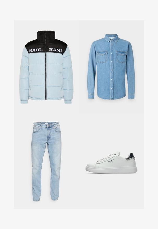 Lys blå pufferjakke med en sort lynlåsekrave og ærmer. Har stor hvid "KARL KANI" tekst tværs over brystet. Struktureret design.; Lyseblå denimskjorte med lange ærmer, knapper foran og to brystlommer. Fremhæver en klassisk krave og en glat tekstur.; Lyseblå jeans lavet af denim, med lige ben, fem lommers design og subtil falmning gennem hele for et slidt look.; Hvide lavtop sneakers med sort hælakse, hvide snørebånd og "Pepe Jeans London" logo på siden, vist i profil mod en hvid baggrund.