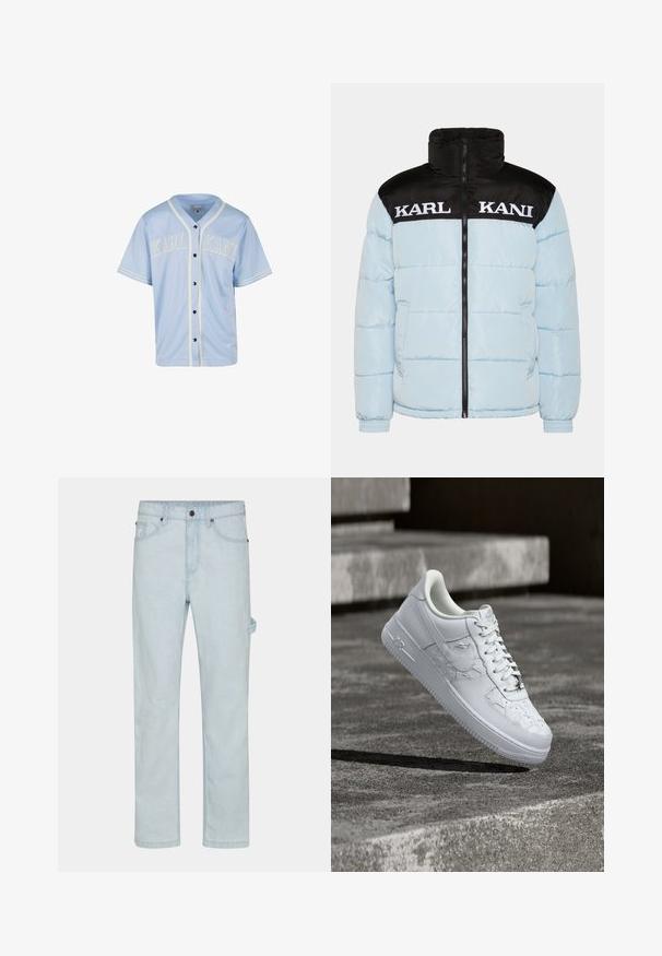 Helle blaue Steppjacke mit einem schwarzen Reißverschlusskragen und Ärmeln. Auffälliger großer weißer Text "KARL KANI" auf der Brust. Strukturierter Design.; Helles blaues Baseball-Trikot aus glattem Material. Mit weißen Paspeln und "KARL KANI" in fetten Buchstaben auf der Brust gestickt, schwarze Knöpfe.; Hellblaue Jeans, gerade geschnitten, mit Knopfverschluss, fünf Taschen und seitlichen Schlaufen für zusätzliche Funktionalität.; Weißer Nike Air Force 1 Sneaker mit geprägten Sternmustern und einem metallischen Stern-Schnürsenkelanhänger, der über einer Betonoberfläche schwebt.