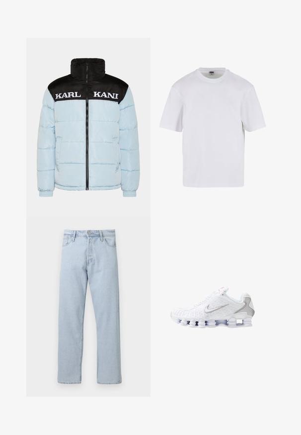 Veste matelassée bleu clair avec un col zippé noir et des manches. Présente un grand texte blanc "KARL KANI" sur la poitrine. Design texturé.; T-shirt blanc à manches courtes en coton. Il présente un col rond et une coupe décontractée. Texture lisse, design minimaliste, sans motifs ni accents.; Jean droit en denim bleu clair avec fermeture par bouton et zip à l’avant, passants de ceinture et poches avant sur fond blanc.; Chaussures de sport blanches avec une tige texturée, un logo Swoosh argenté, des empiècements en mesh et une semelle blanche segmentée distinctive.